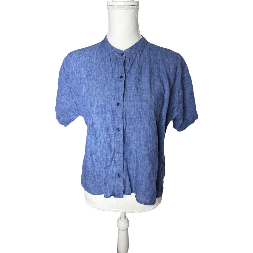 Eileen Fisher Washed Organic Linen Delave Band Collar Shirt Blue Petite Small